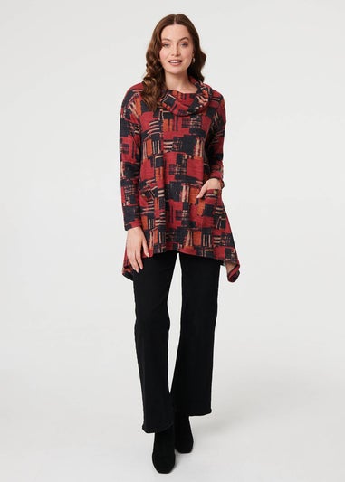 Izabel London Red Printed Long Sleeve Cowl Neck Tunic Top