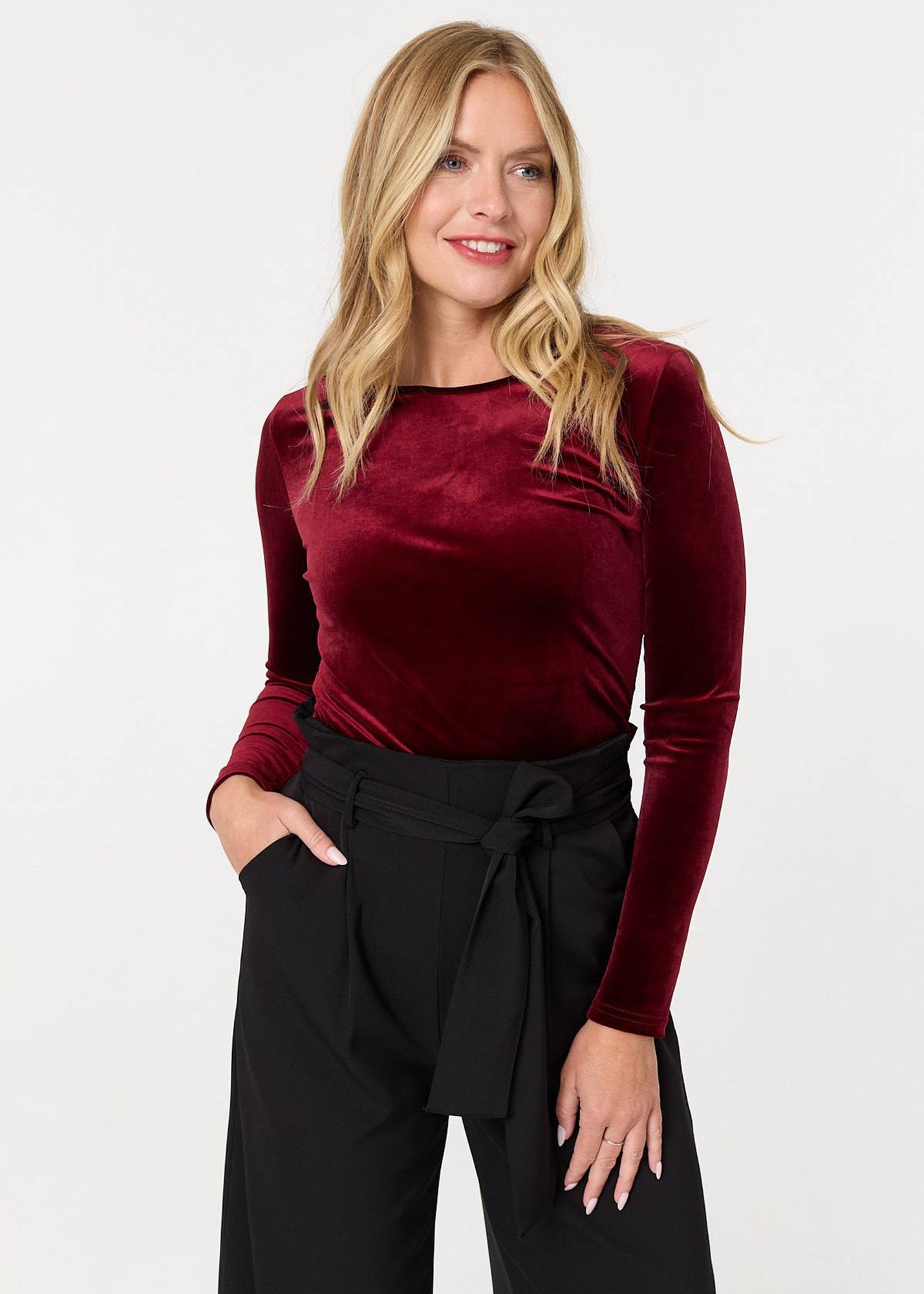 Izabel London Red Velour Soft Texture Long Sleeve Slim Top - Matalan