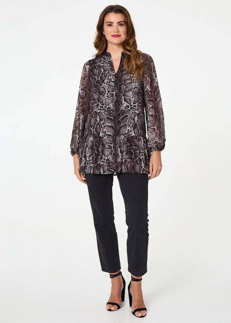 Izabel London Black Printed Long Sleeve Frilled Tunic Shirt