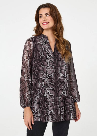 Izabel London Black Printed Long Sleeve Frilled Tunic Shirt