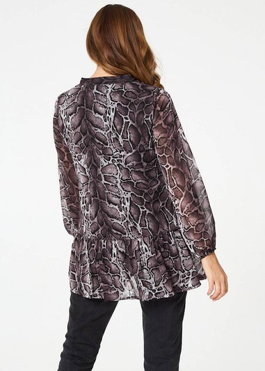 Izabel London Black Printed Long Sleeve Frilled Tunic Shirt