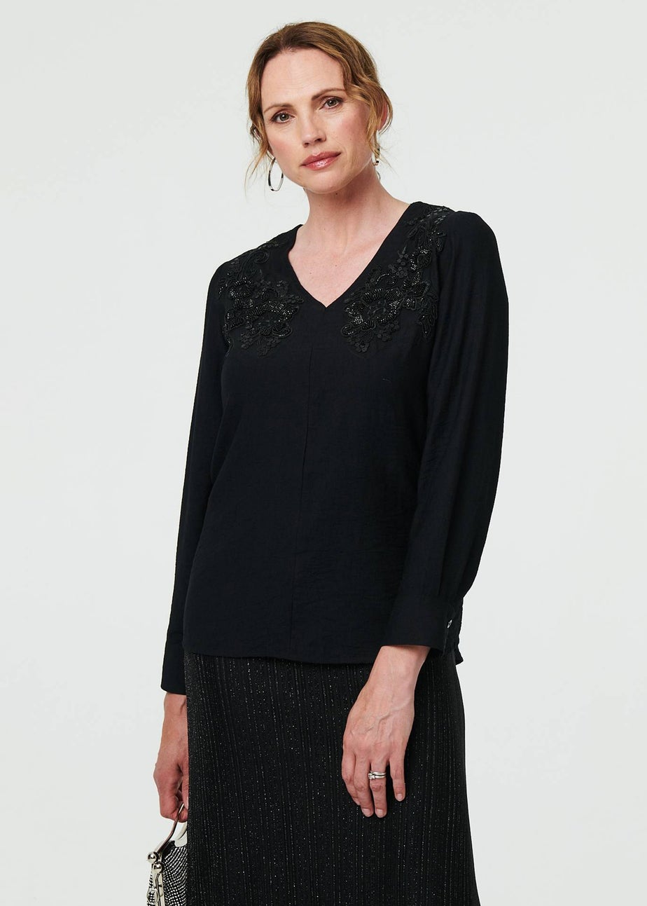 Izabel London Black Floral Embroidered Long Sleeve Top