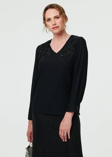 Izabel London Black Floral Embroidered Long Sleeve Top