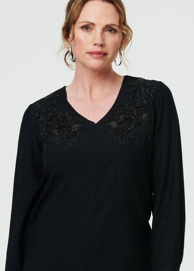 Izabel London Black Floral Embroidered Long Sleeve Top
