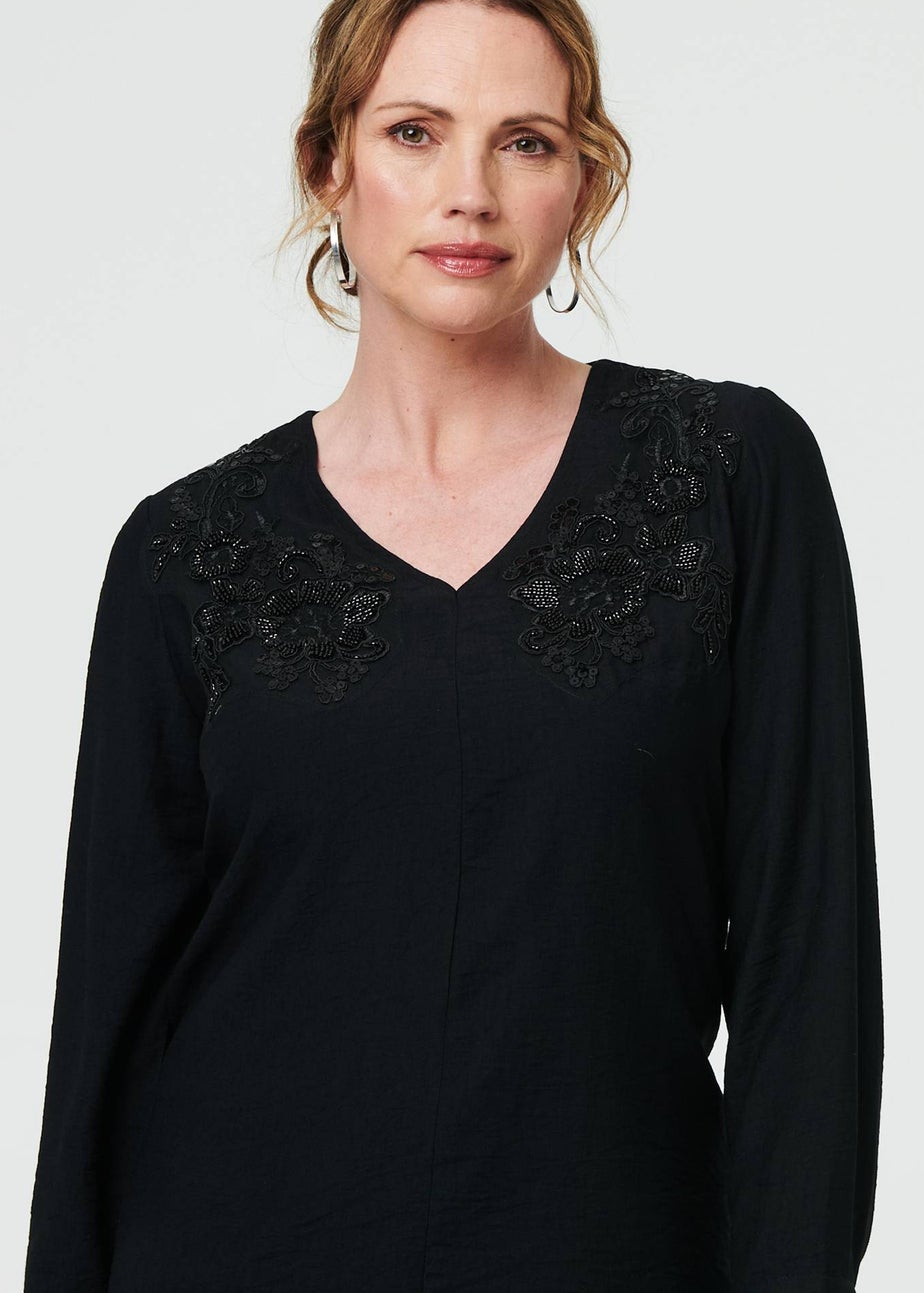 Izabel London Black Floral Embroidered Long Sleeve Top