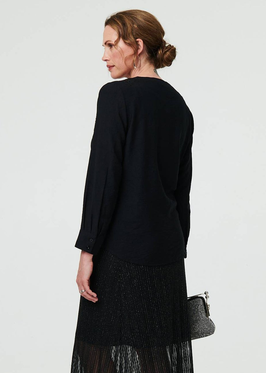 Izabel London Black Floral Embroidered Long Sleeve Top