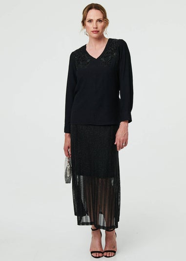 Izabel London Black Floral Embroidered Long Sleeve Top