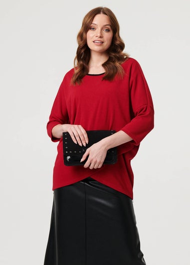 Izabel London Red Asymmetric Zip Hem 3/4 Sleeve Tunic Top