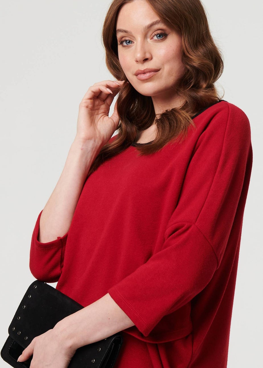Izabel London Red Asymmetric Zip Hem 3/4 Sleeve Tunic Top