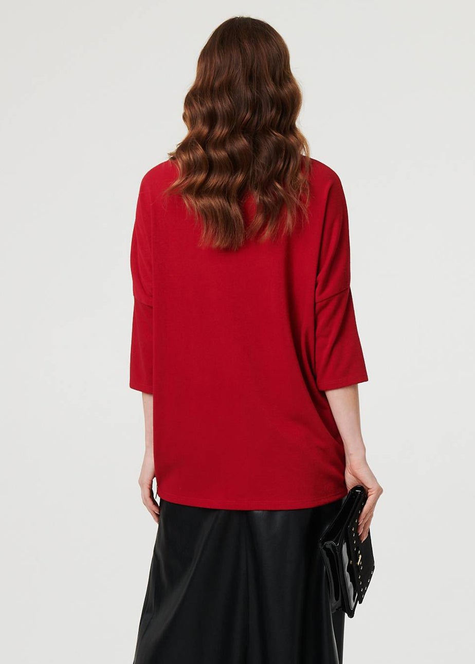 Izabel London Red Asymmetric Zip Hem 3/4 Sleeve Tunic Top