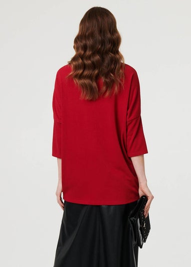 Izabel London Red Asymmetric Zip Hem 3/4 Sleeve Tunic Top