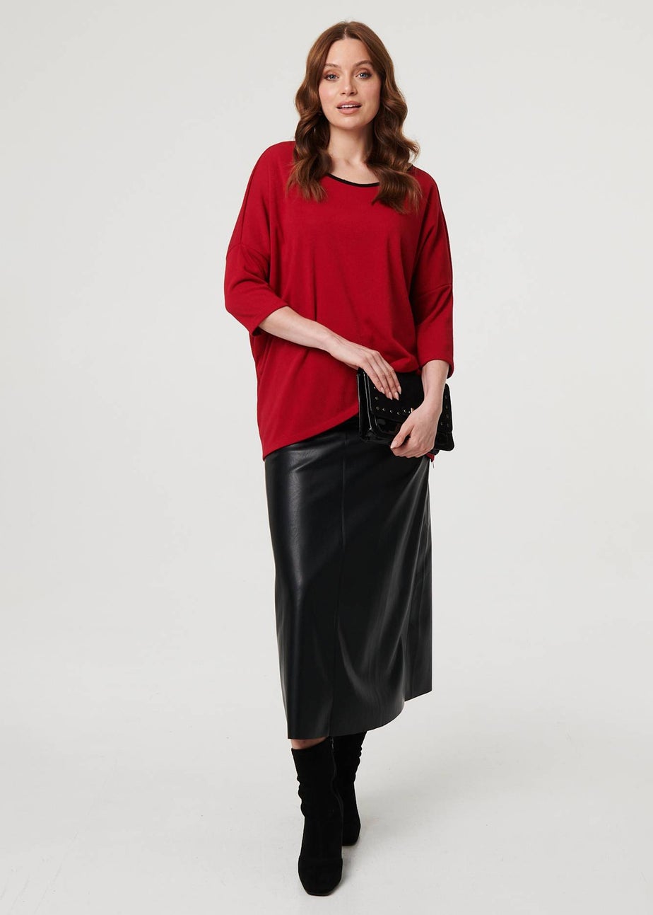 Izabel London Red Asymmetric Zip Hem 3/4 Sleeve Tunic Top