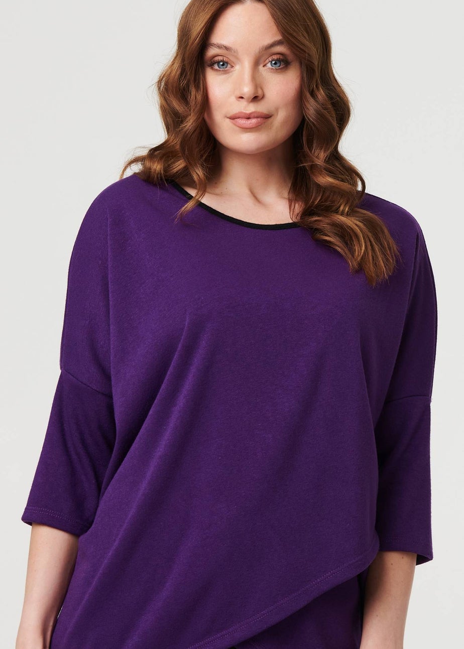 Izabel London Purple Asymmetric Zip Hem 3/4 Sleeve Tunic Top