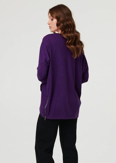 Izabel London Purple Asymmetric Zip Hem 3/4 Sleeve Tunic Top