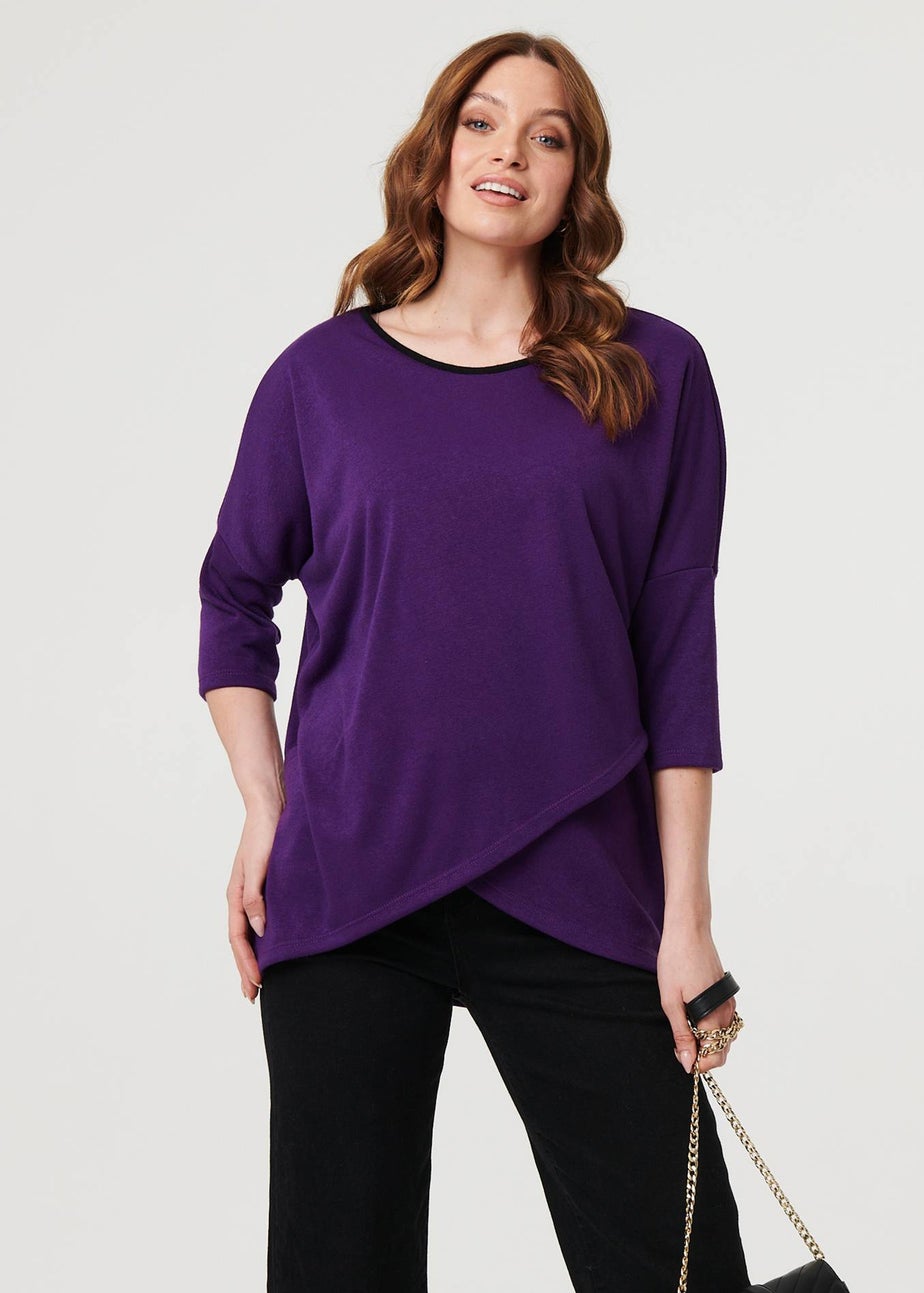 Izabel London Purple Asymmetric Zip Hem 3/4 Sleeve Tunic Top