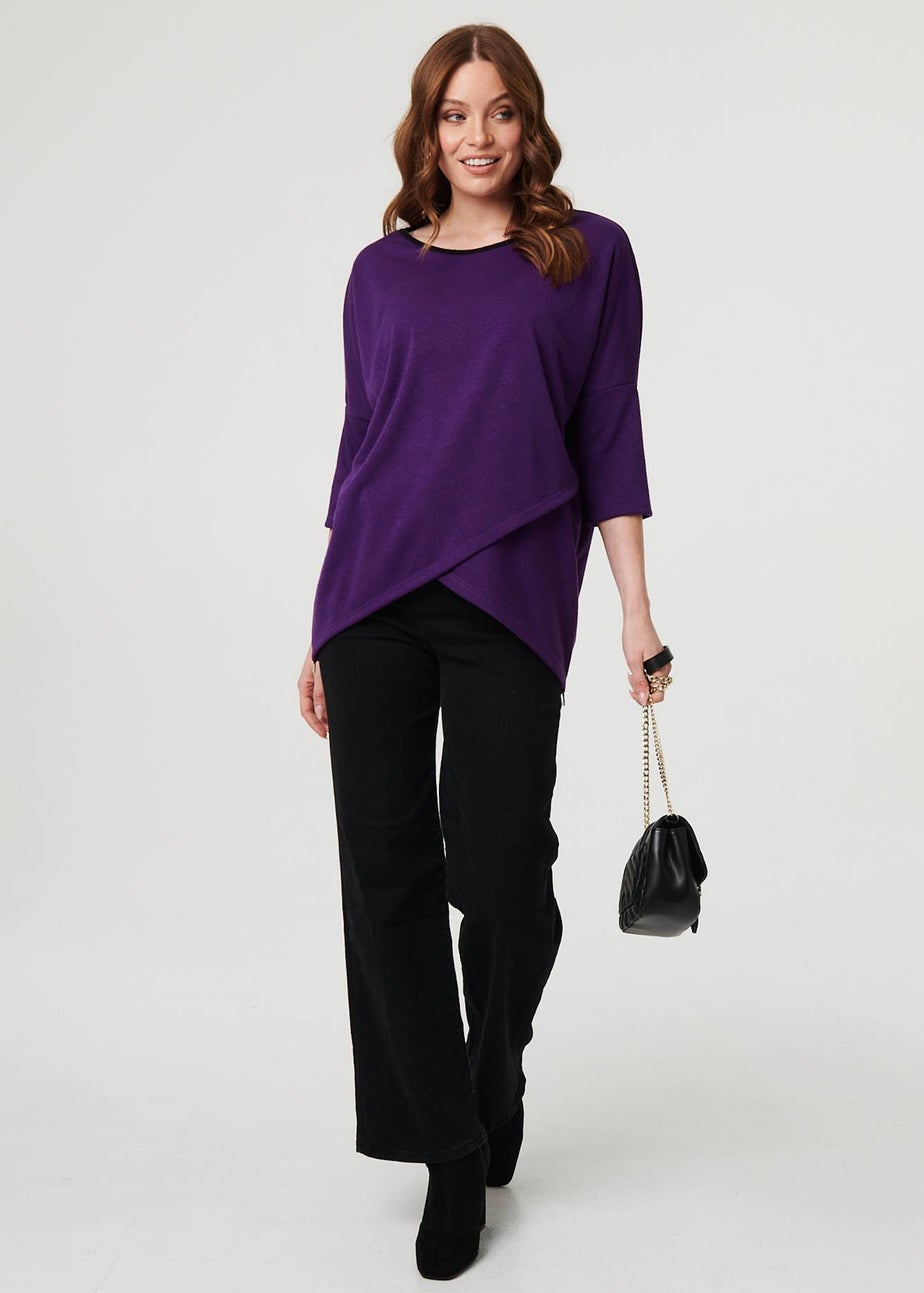 Izabel London Purple Asymmetric Zip Hem 3/4 Sleeve Tunic Top