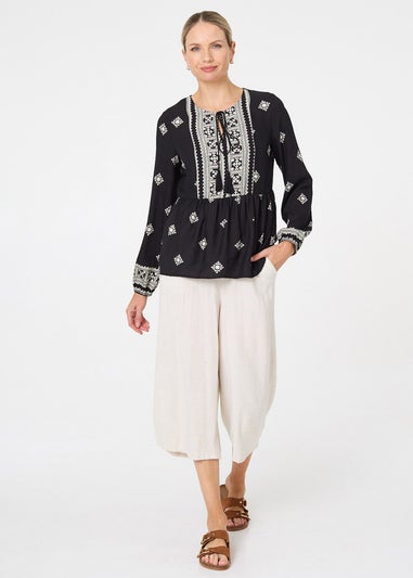 Izabel London Black Border Print Long Sleeve Tassel Blouse