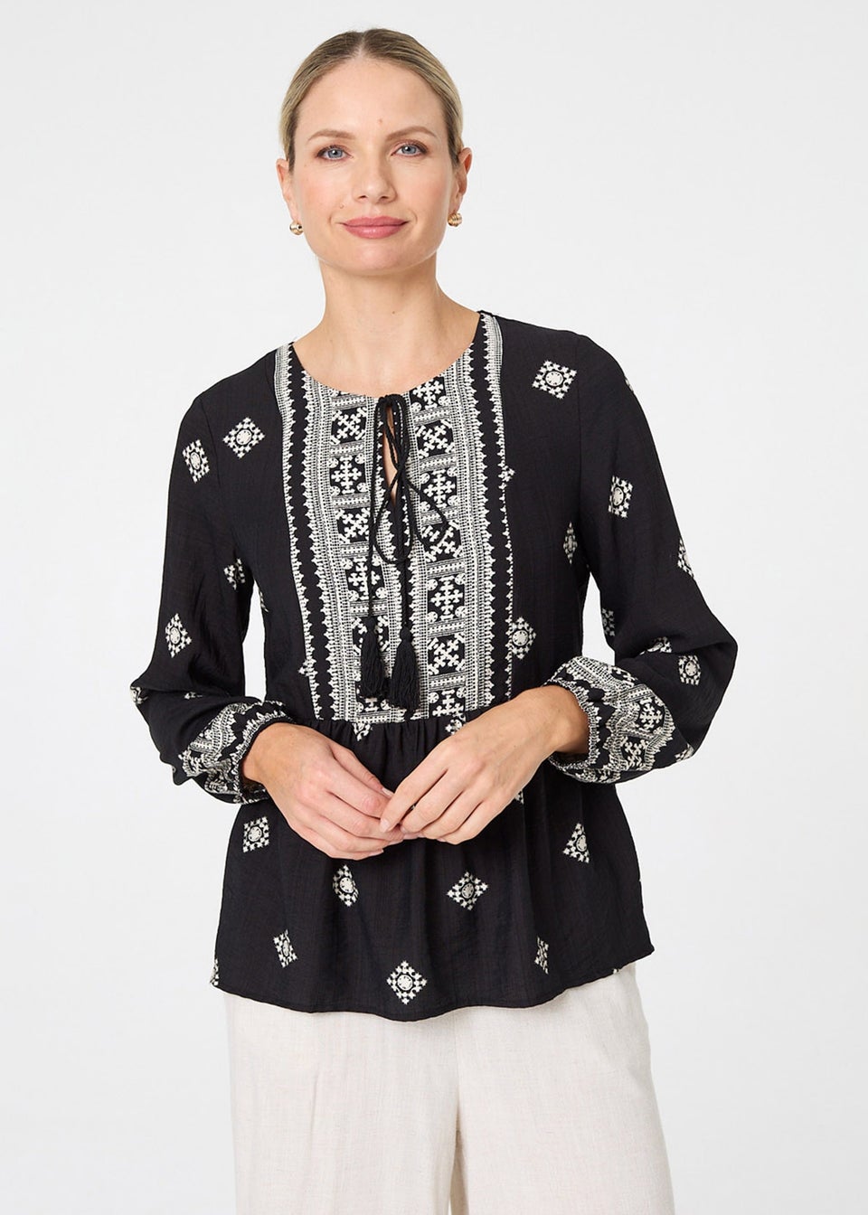 Izabel London Black Border Print Long Sleeve Tassel Blouse