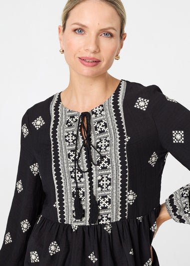 Izabel London Black Border Print Long Sleeve Tassel Blouse