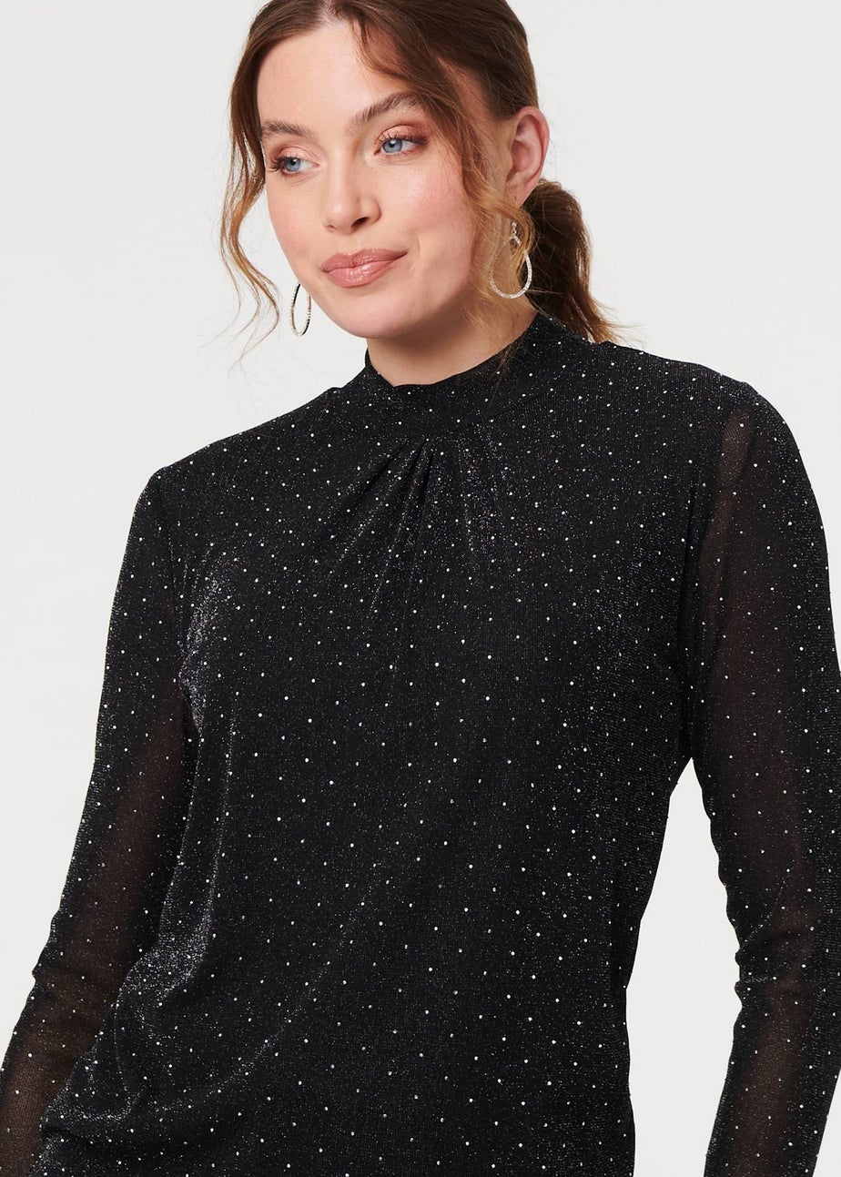 Izabel London Black Sparkly Semi Sheer Textured Mesh Top