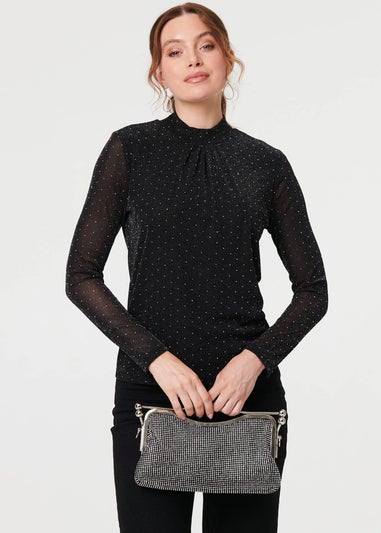 Izabel London Black Sparkly Semi Sheer Textured Mesh Top