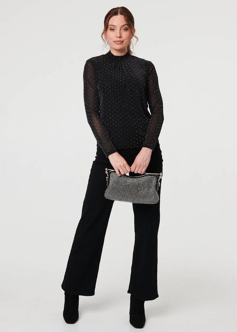 Izabel London Black Sparkly Semi Sheer Textured Mesh Top