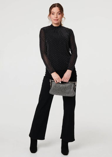 Izabel London Black Sparkly Semi Sheer Textured Mesh Top