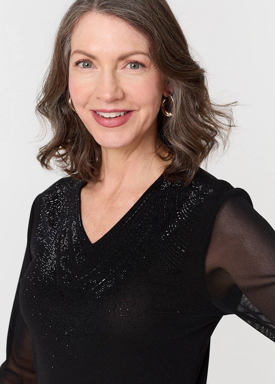 Izabel London Black Sparkly Semi Sheer Long Sleeve Top