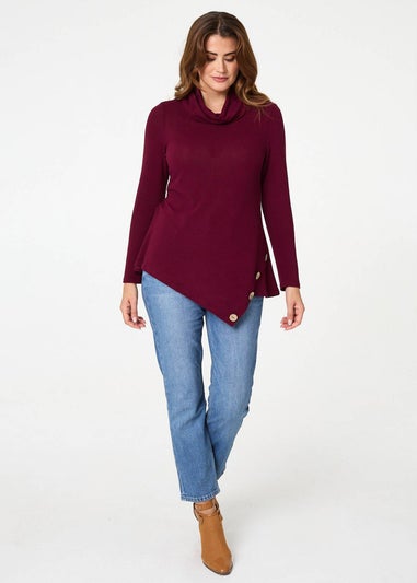 Izabel London Red Cowl Neck Asymmetric Long Sleeve Top