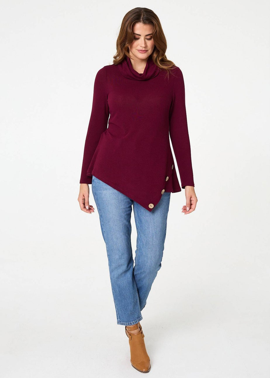 Izabel London Red Cowl Neck Asymmetric Long Sleeve Top