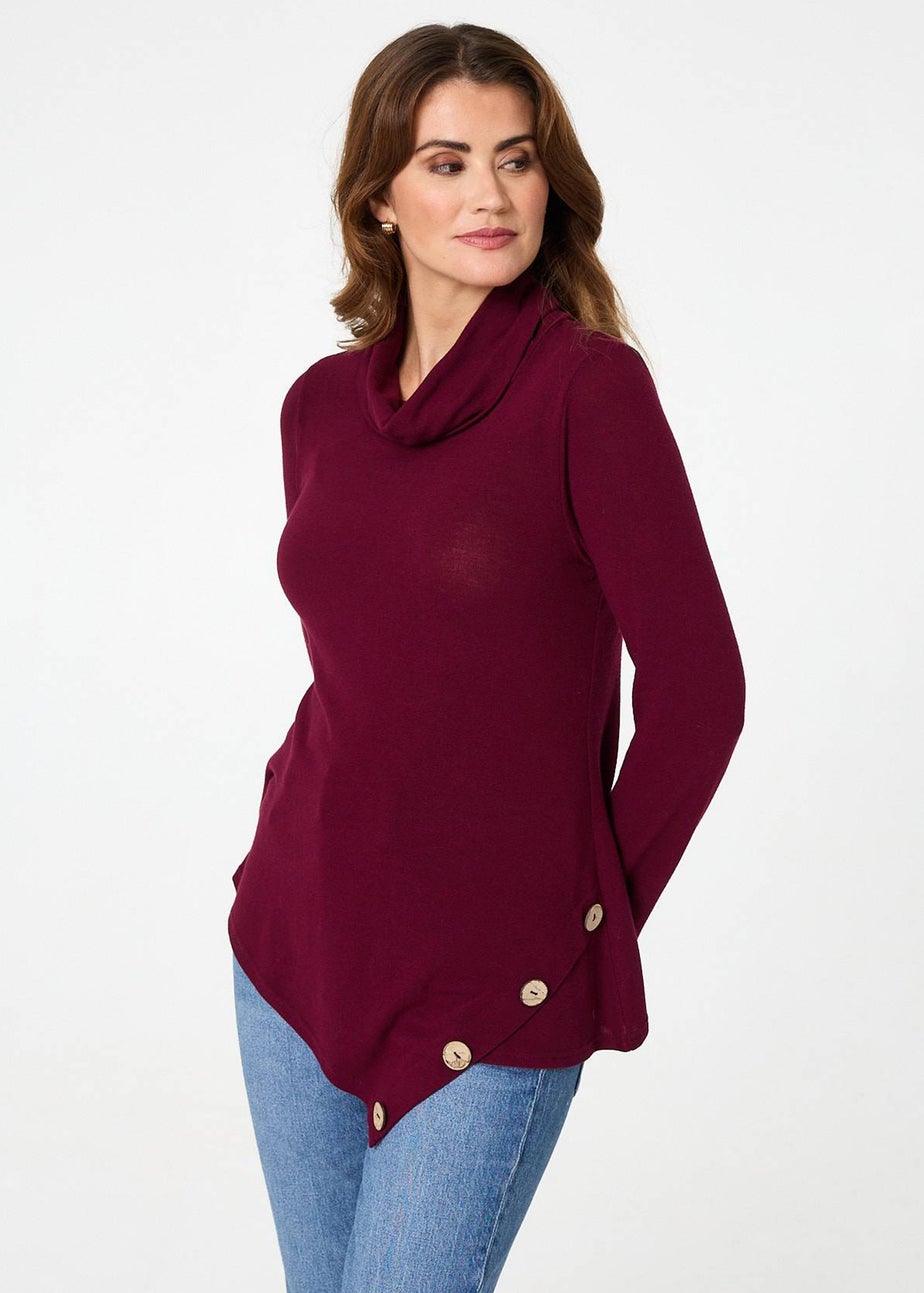 Izabel London Red Cowl Neck Asymmetric Long Sleeve Top