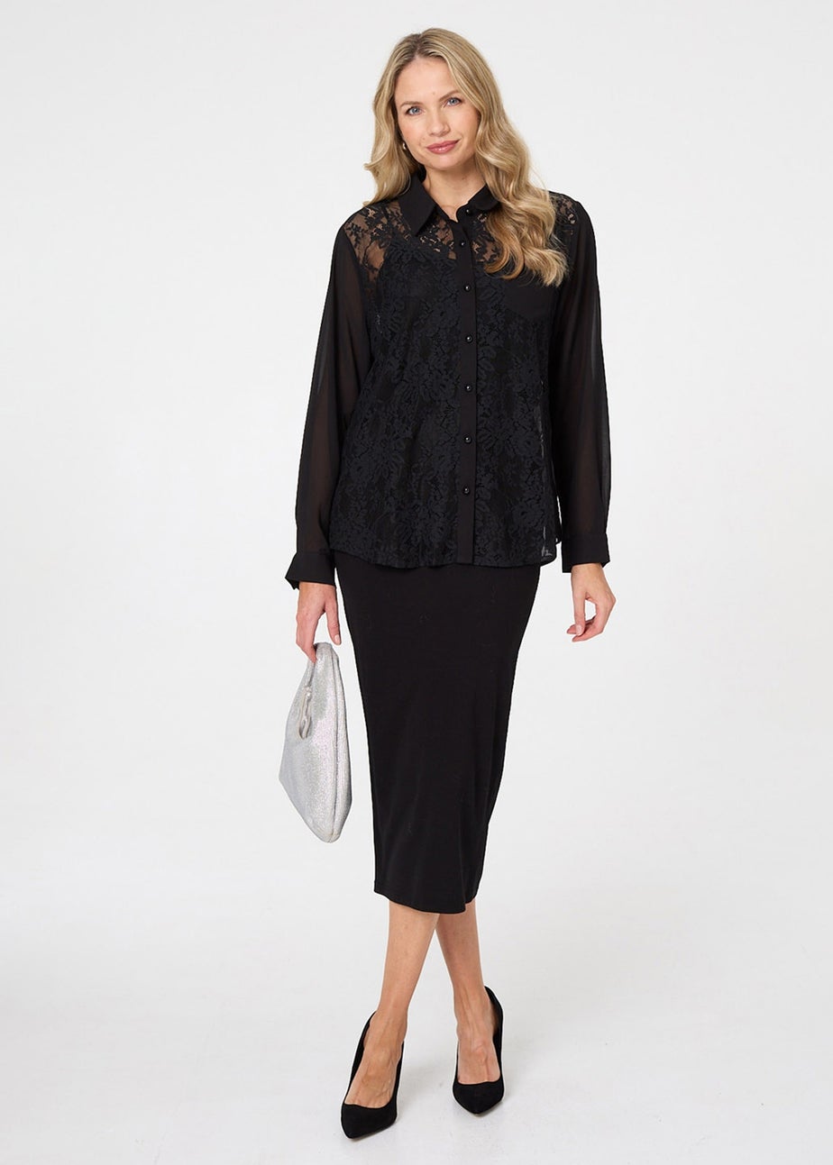 Izabel London Black Floral Lace Semi Sheer Long Sleeve Shirt