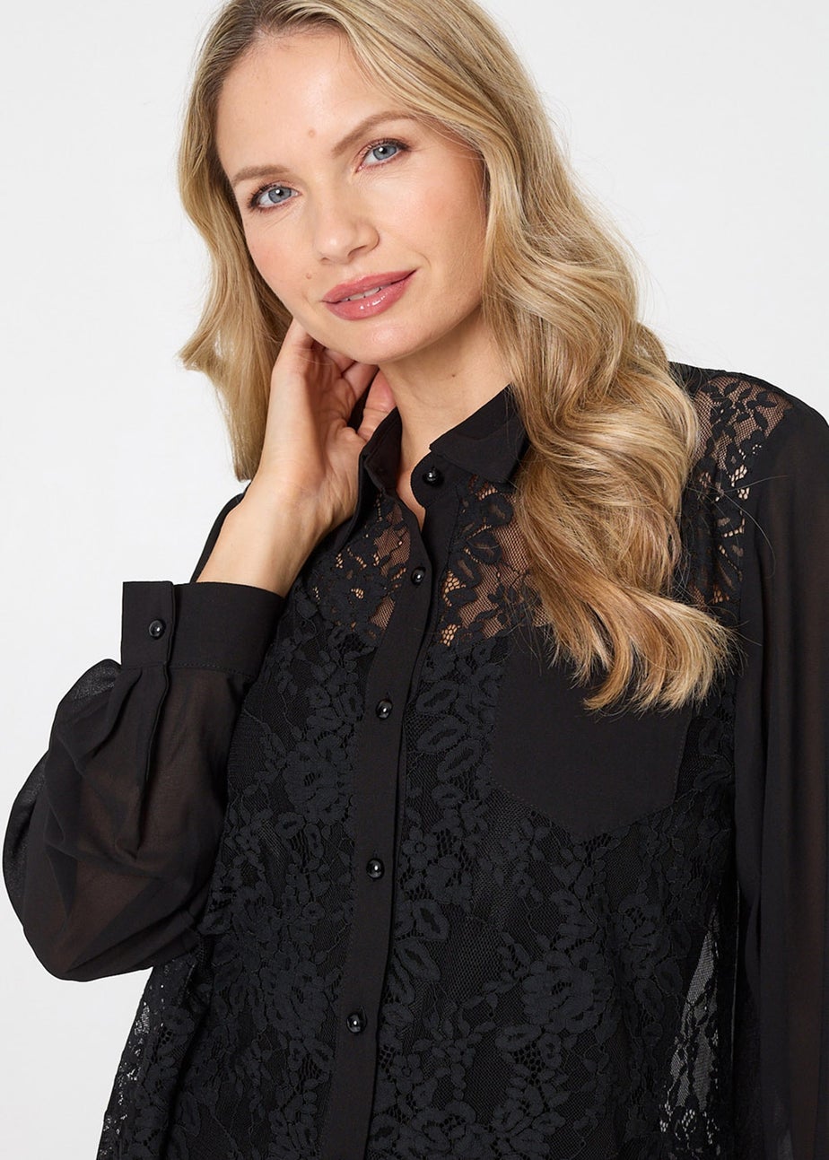 Izabel London Black Floral Lace Semi Sheer Long Sleeve Shirt