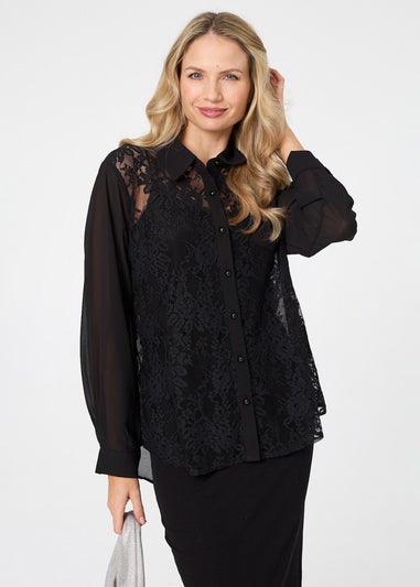 Izabel London Black Floral Lace Semi Sheer Long Sleeve Shirt