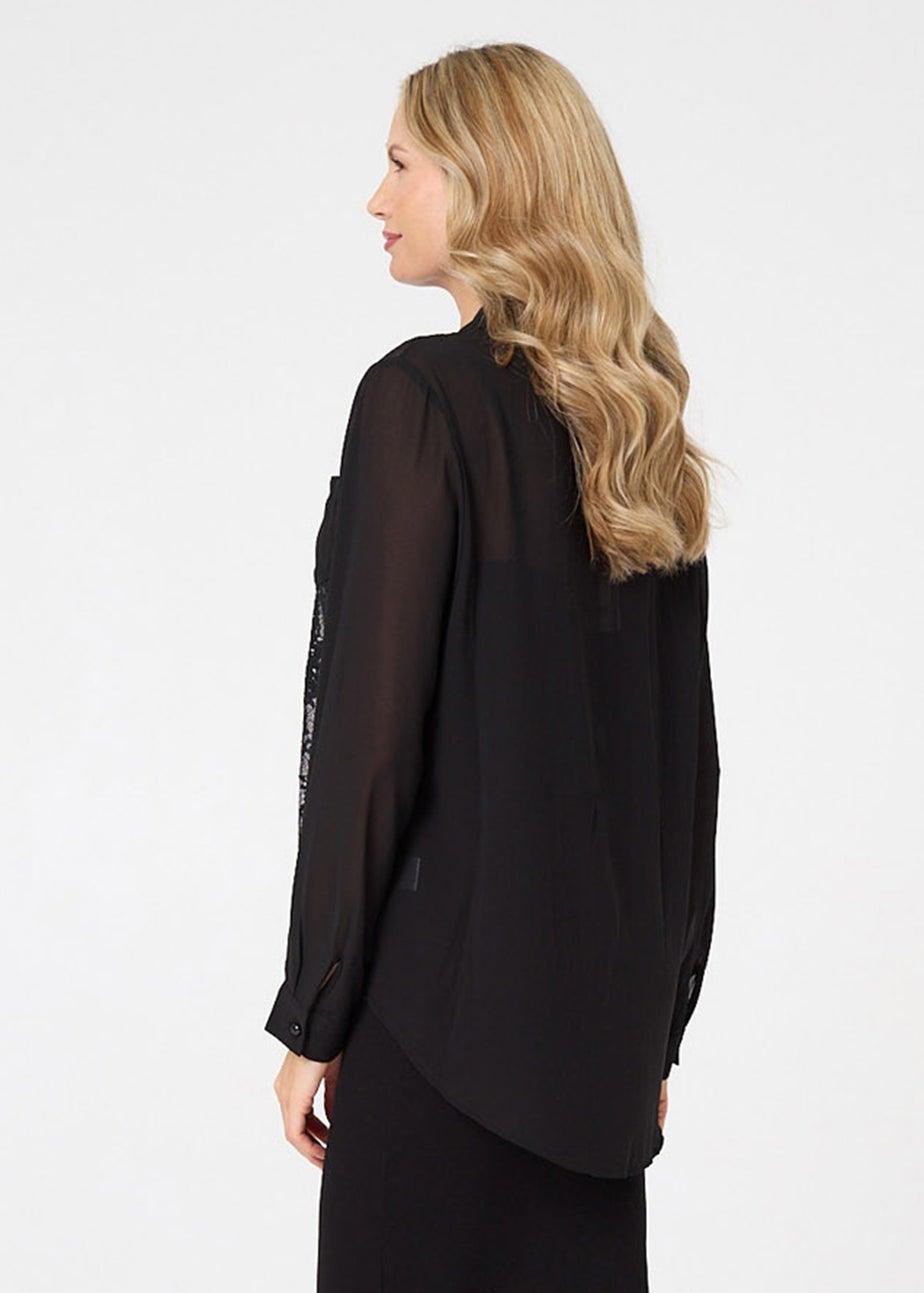 Izabel London Black Floral Lace Semi Sheer Long Sleeve Shirt