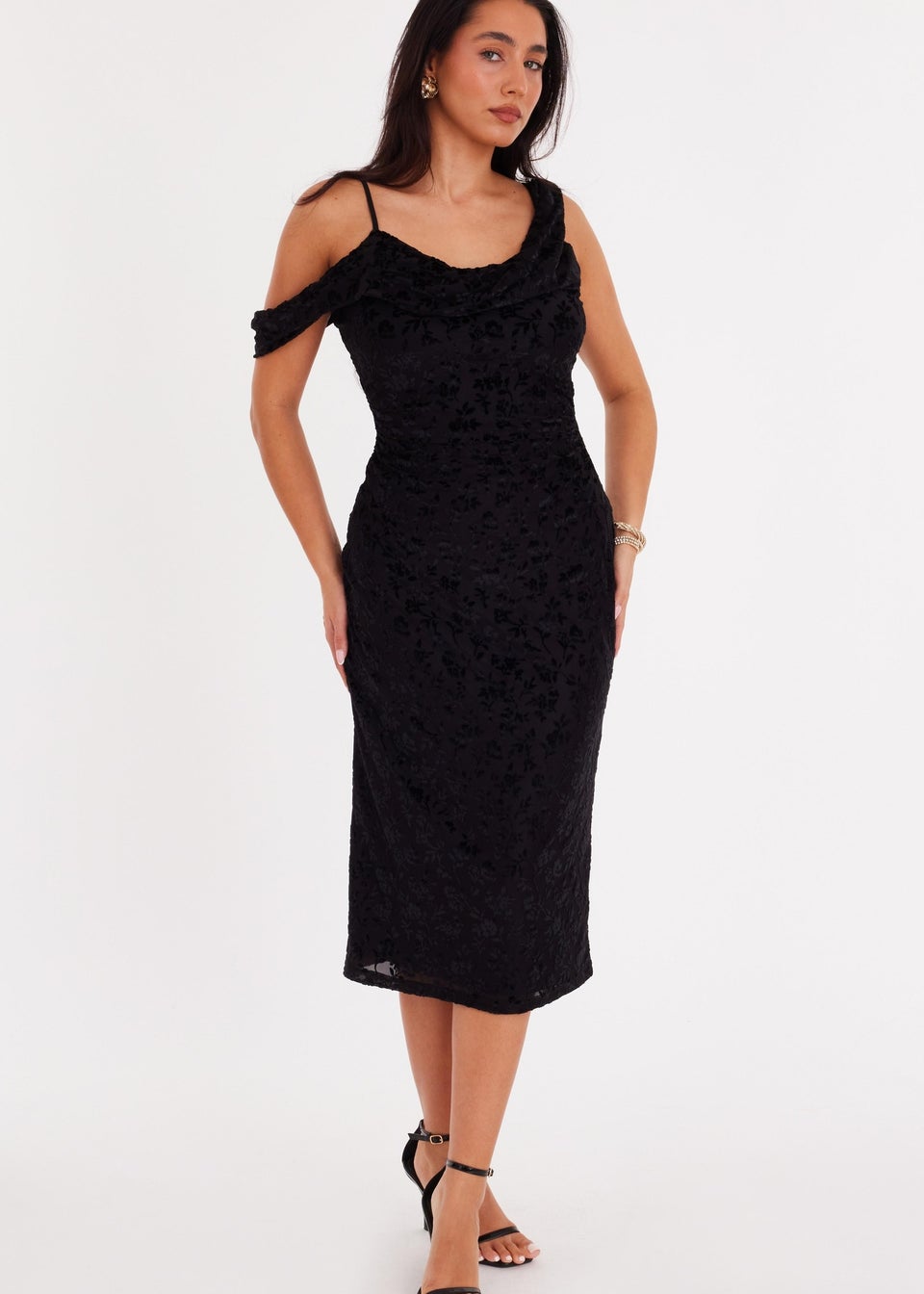Quiz Black Velvet Floral Midi Dress