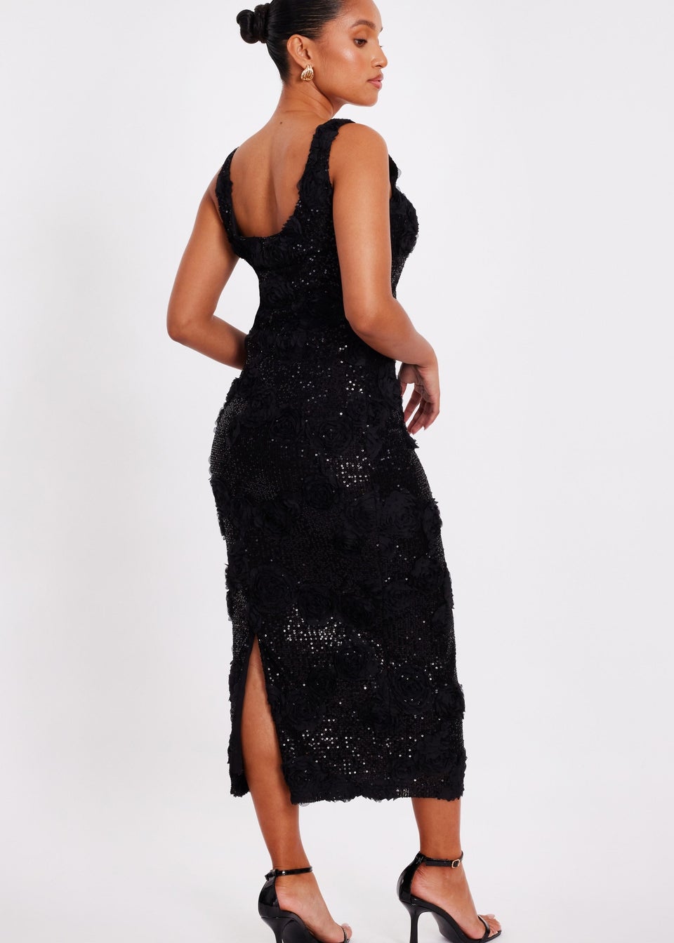 Quiz Black Petite Sequin Applique Midaxi Dress