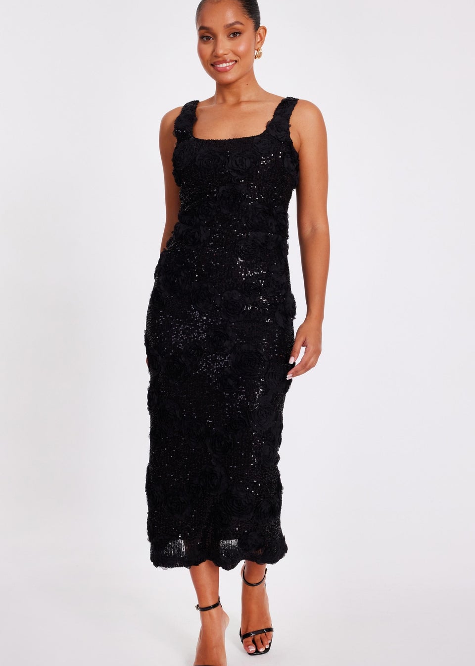 Quiz Black Petite Sequin Applique Midaxi Dress