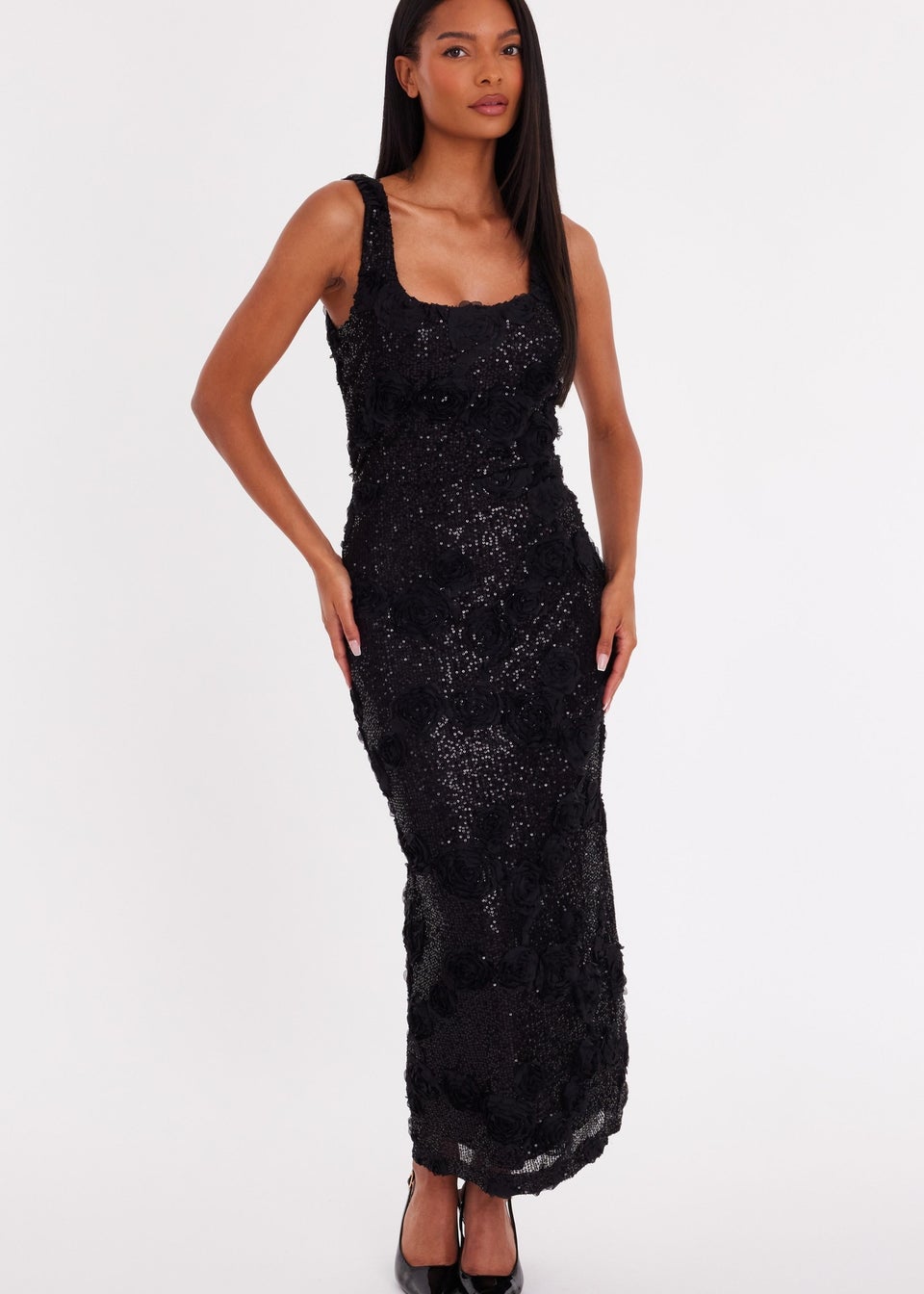 Quiz Black Sequin Applique Midaxi Dress