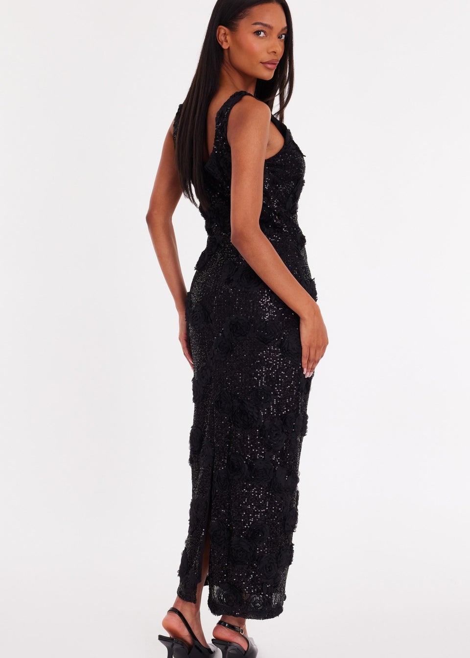 Quiz Black Sequin Applique Midaxi Dress