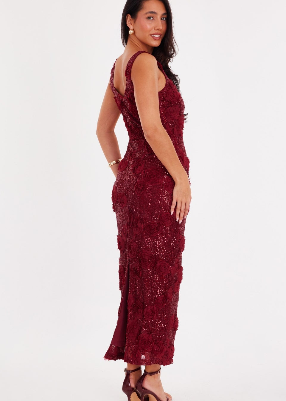 Quiz Burgundy Sequin Applique Midaxi Dress
