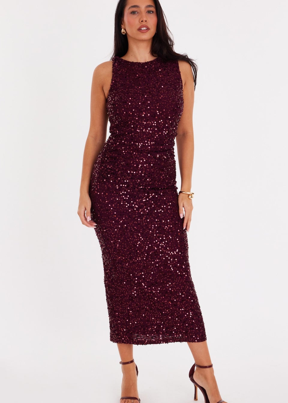 Quiz Burgundy Sequin Ruched Midaxi Dress