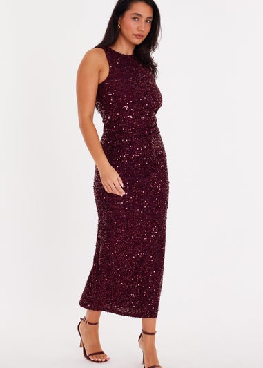 Quiz Burgundy Sequin Ruched Midaxi Dress