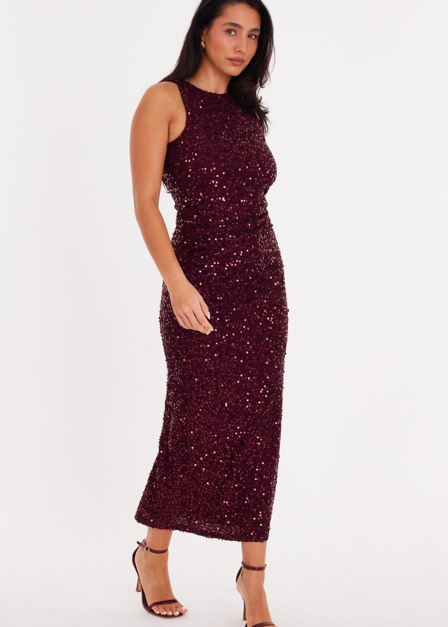 Quiz Burgundy Sequin Ruched Midaxi Dress