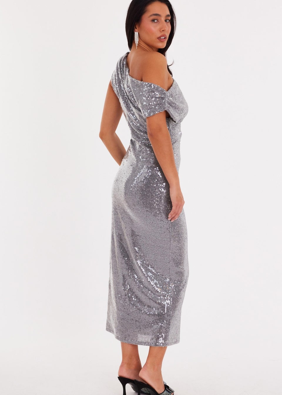 Quiz Silver Sequin Drop Sleeve Midaxi Dress