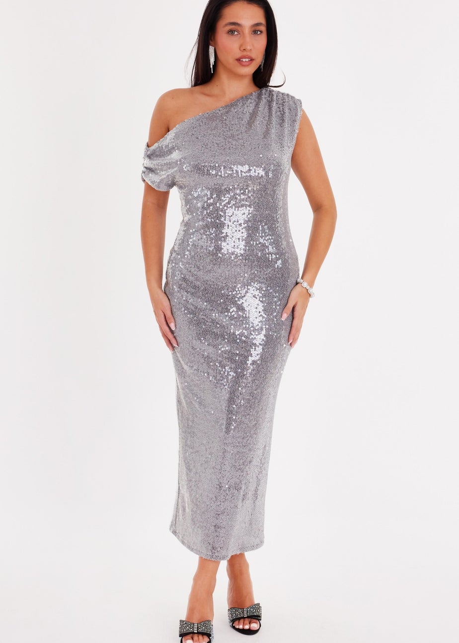 Quiz Silver Sequin Drop Sleeve Midaxi Dress