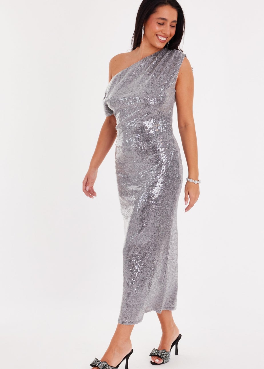 Quiz Silver Sequin Drop Sleeve Midaxi Dress