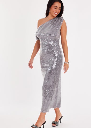 Quiz Silver Sequin Drop Sleeve Midaxi Dress