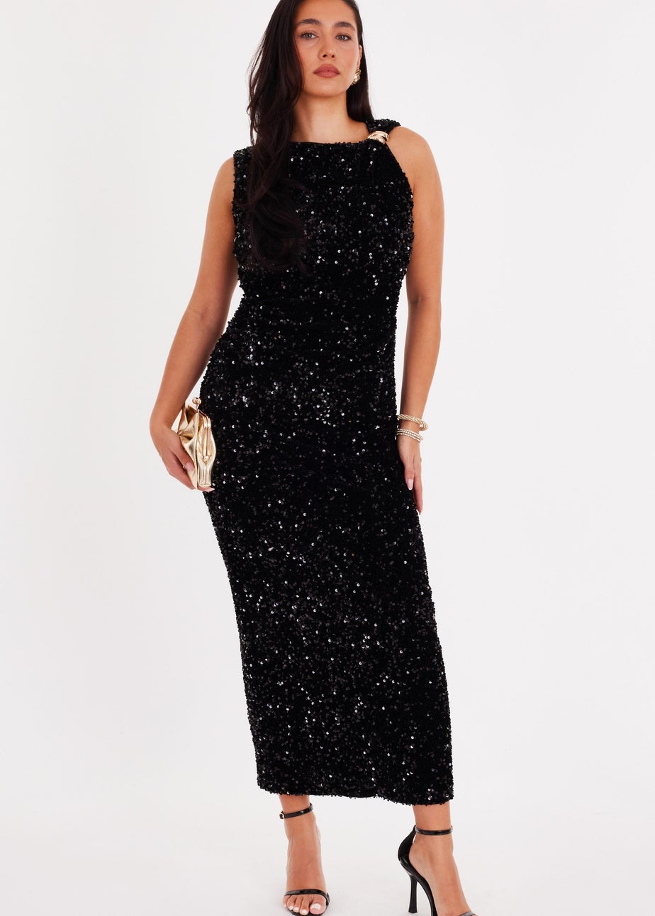 Quiz Black Sequin Buckle Detail Midaxi Dress