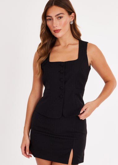 Quiz Black Diamante Square Neck Waistcoat